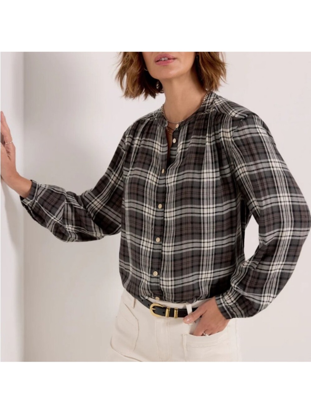 NWT Faherty Drift Plaid Button-Front Long Sleeve Top - Black & White medium